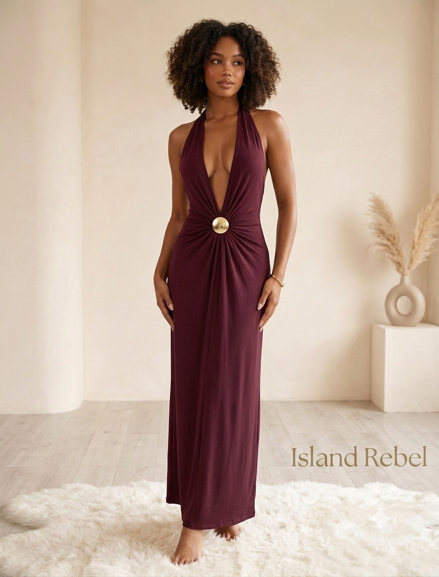 island maxi dresses Nevada Dress – Rebel Bah Waist:W-31 Halter-neck bustier wool and thigh split Size Large