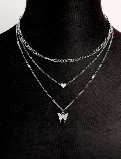 Silver Butterfly Layered Necklace