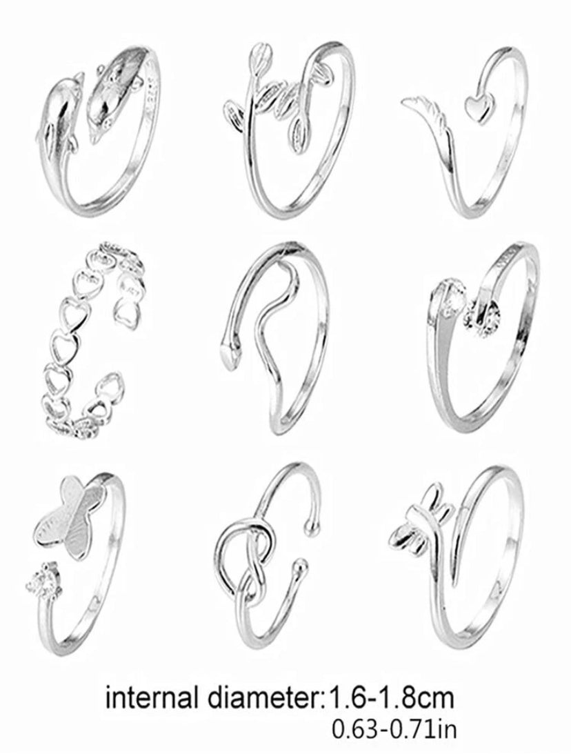 9 Pcs Silver Toe Rings